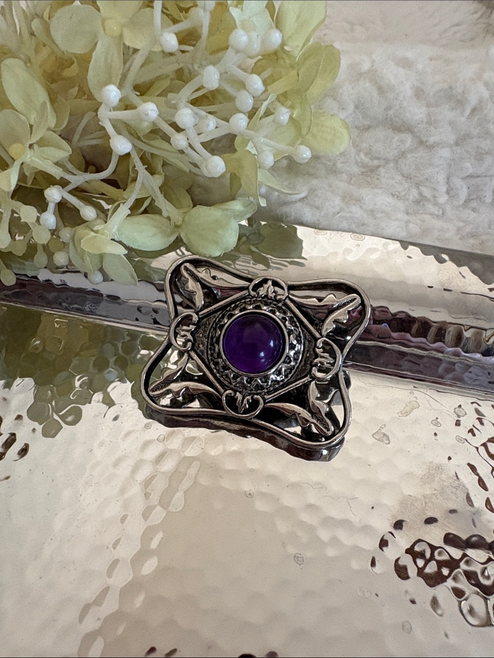 Silver Tone Ornate Brooch with Purple Cabochon